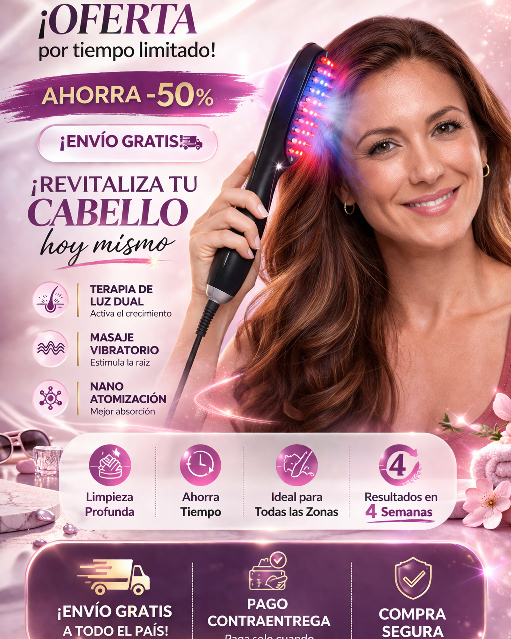 Cepillo capilar con vapor, masaje y luz LED en casa ✨
